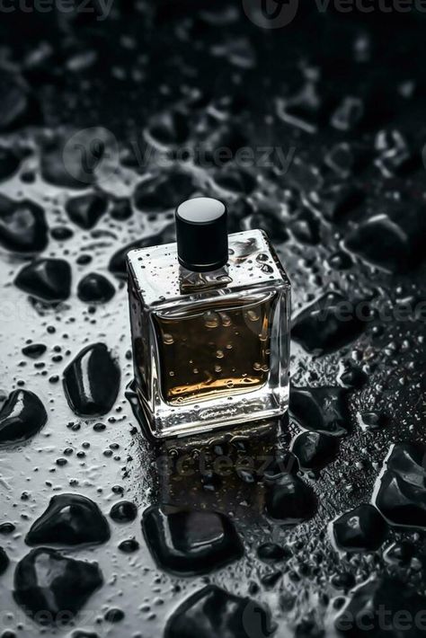 Modern glass men perfume bottle among black rocks in the rain, fragrance and perfumery, post-processed, generative ai Mens Product Photography, Perfumes Photography, Rain Fragrance, Fragrance Editorial, Man Perfume, Form Board, Perfume Black, Perfume Ads, Perfume Men