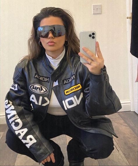 Racer jacket. Vintage outfit. Vintage look. Racer jacket. Motor Jacket Aesthetic, Race Jacket Aesthetic, Racing Aesthetic Outfit, Racer Jacket Aesthetic, Racer Girl Aesthetic, Racer Outfit Women, Racing Jacket Aesthetic, Racer Girl Outfit, Racers Jacket