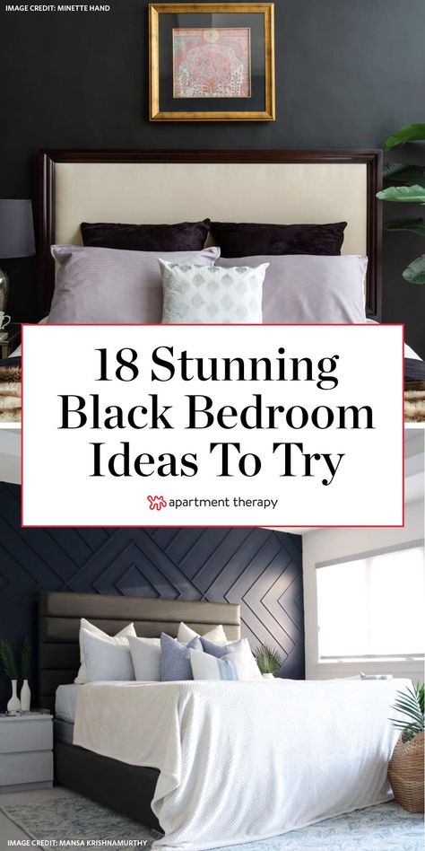 Black bedroom walls are having a moment, and it’s not difficult to see why. Along with creating a bold but sophisticated backdrop for a space, black paint can make a bedroom feel cozy, moody, and perfect for catching Zs. #bedroomideas #bedroomdecor #bedrooms #blackbedrooms #blackwalls #blackbedroomideas #bedroomdecorideas #cozybedroom #romanticbedroom Black Wall Guest Bedroom, Bedroom Decor With Black Wall, Cozy Black Bedroom Accent Wall, Bedding With Black Wall, Master Bedrooms With Dark Walls, Black Walls Master Bed, Accent Wall Black Bedroom, Master Black Accent Wall, Black Matte Walls Master Bedrooms