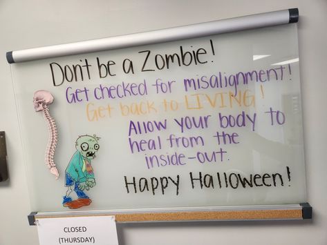 Halloween Chiropractic Jokes, Halloween Chiropractic Boards, Chiropractic Office Ideas, Halloween Chiropractic, Chiropractic Halloween, Chiropractic Office Decor, Halloween Boards, Chiro Office, Chiropractic Quotes