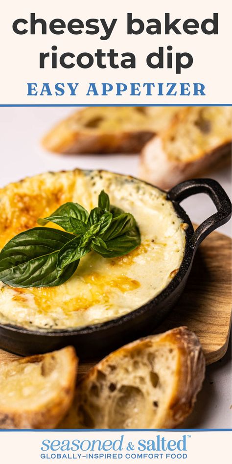 This fabulously cheesy baked ricotta dip recipe is the perfect game day appetizer or party dip! It's easy to make - with both creamy ricotta cheese and mozzarella cheese - and packed with delicious flavors like lemon and fresh thyme. Ricotta Cheese Ideas, How To Strain Ricotta Cheese, Use Ricotta Cheese, Ricotta Marinara Dip, Recipes Made With Ricotta Cheese, Ricotta Cheese Dip Appetizers, Ricotta Cheese Dips, Ricotta Sauce Creamy, Ricotta Cheese Appetizer Recipes