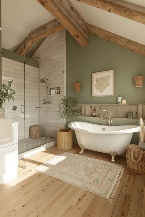 Small Bathroom Ideas Modern Farmhouse, Modern Farmhouse Bathroom Master Suite, Small Boho Farmhouse Bathroom, Rustic Farmhouse Shower Tile, Cozy Cottage Bathroom Ideas, Cozy White Bathroom, Modern Farmhouse Primary Bathroom, Farmhouse Aesthetic Bathroom, English Country House Bathroom