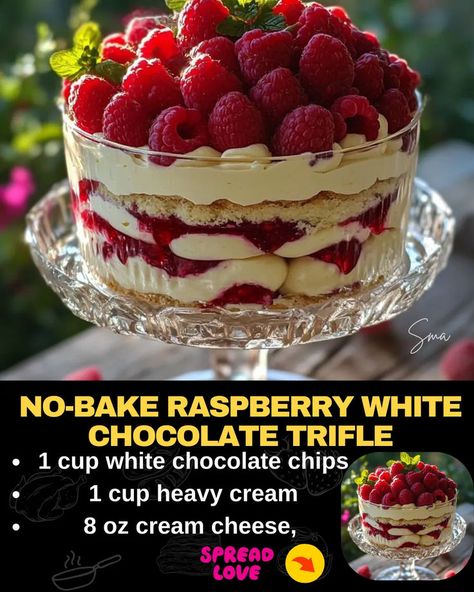 No-Bake Raspberry White Chocolate Trifle Raspberry Cheesecake Trifle, Raspberry Trifle Desserts, Easy Trifle Desserts No Bake, No Bake Raspberry Desserts, Cheesecake Trifle Recipes, Dessert Trifle Recipes, White Chocolate Trifle, Berry Trifle Recipe, Birthday Preparation