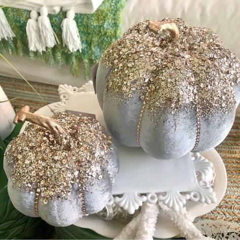 Cyndy Sells Seashells By The Seashore & More...From New & Vintage Decor, Seashells, Seasonal, One Of A Kind, Beach Bags, Jewelry & Clothing In The Women’s & Men’s Sequins & Glitter Just Make This Pretty Steal Blue Gray Bling Pumpkins Are A Show Stopper. New! Velveteen Style Hollywood Sparkle Pumpkin Pair. Yes, Price Is For Both! Measures Approx 9” & 5 1/2”Weighted Pumpkin 3lbs With Box And Packing. *All Items 4-Sale & Listed In The Last Photos Vignette. For More One Of A Kind Pumpkins Fall, Hall Jeweled Pumpkins, Bling Pumpkins, Shabby Chic Pumpkins, Elegant Christmas Tree Decorations, Elegant Pumpkins, Paper Mache Pumpkins, Summer Beach House, Fall Pumpkin Crafts, Neutral Fall Decor