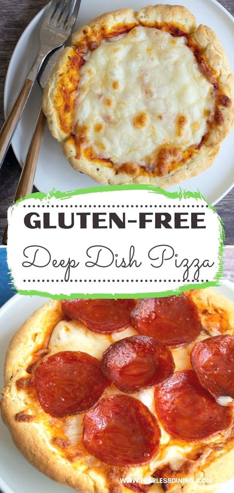 This delicious homemade gluten free deep dish pizza recipe is so easy to make. It has a fluffy, thick crust, savory sauce, lots of melty cheese, and all of your favorite toppings. Gluten Free Pan Pizza, Fluffy Gluten Free Pizza Crust, Gluten Free Pizza Dough Bobs Red Mill, Gluten Free Deep Dish Pizza, Dairy Free Cauliflower Pizza Crust, Easy Gluten Free Pizza Dough, Deep Dish Pizza Dough Recipe, Best Gluten Free Pizza Crust, Dairy Free Pizza Recipe