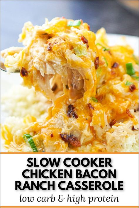 This keto chicken bacon ranch casserole is made in the slow cooker for an easy & delicious low carb, high protein dinner. Only 6 ingredients! Keto Recipes In Crockpot, Low Carb Chicken Lunch Ideas, Low Carb Gluten Free Crock Pot Recipes, Low Carb Dinner Ideas Easy Crockpot, Healthy Low Carb Dinners Crockpot, Low Carb Chicken Crockpot Meals, Easy Crockpot Keto Meals, Carb Friendly Crockpot Meals, Easy Keto Recipes Crock Pot