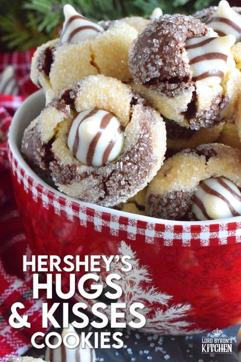 A deliciously decadent half vanilla and half chocolate cookie, coated in sugar, and topped with a chocolate kiss, Hershey’s Hugs and Kiss Cookies are a perfect holiday treat that everyone will love! These are quick and easy - no need to chill the cookie dough before baking either! Don't they look absolutely adorable!? #hershey #hugsandkisses #christmas #cookies Hugs Cookies, Kisses Cookies, Kiss Cookie Recipe, Chocolate Kiss Cookies, Christmas Cookie Recipes Holiday, Kiss Cookies, Blossom Cookies, Cookies Ideas, Recipes Christmas