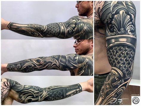 Armor Back Tattoo, Armor Forearm Tattoo, Gladiator Armor Tattoo, Tattoo Armor, Armor Sleeve Tattoo, Forearm Tattoo For Men, Armour Tattoo, Biomech Tattoo, Shoulder Armor Tattoo