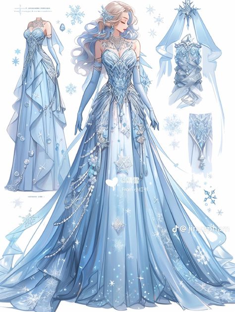 Ice Princess Dress Ball Gowns, Fantasy Winter Dress Drawing, Winter Themed Dresses, Ice Themed Dress, Ice Fantasy Outfit, Ice Dress Fantasy Art, Winter Queen Dress, Fanasty Dresses, Ice Princess Outfit