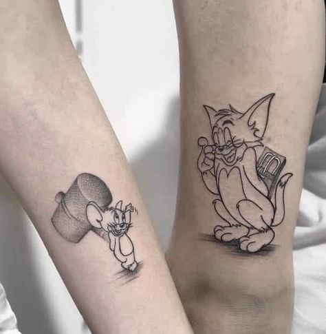 Goofy Sibling Tattoos, Cocomelon Tattoo Ideas, Brother An Sister Tattoos, Tom And Jerry Sibling Tattoos, Rare Hand Tattoos For Men, Matching Tom And Jerry Tattoos, Tom And Jerry Tattoo Ideas Matching, Disney Sibling Tattoos, Tom And Jerry Couple Tattoo