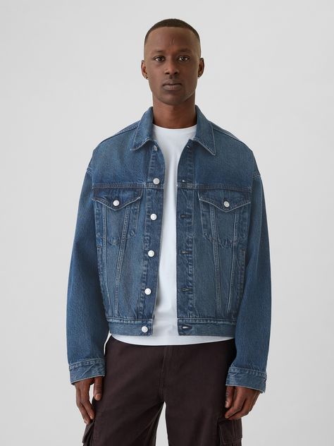 Relaxed Icon Denim Jacket | Gap Classic Gap Button-up Outerwear, Medium Wash Button-up Denim Jacket With Pockets, Oversized Casual Denim Jacket With Flap Pockets, Gap Outerwear With Patch Pockets For Fall, Relaxed Fit Denim Blue Denim Jacket With Pockets, Classic Rigid Denim Outerwear For Fall, Gap Fall Outerwear With Patch Pockets, Medium Wash Rigid Denim Outerwear With Pockets, Medium Wash Relaxed Fit Rigid Denim Outerwear