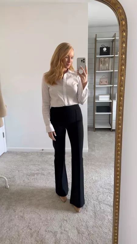 How to style flared black work pants for the office. SPANX PROMO code AMANDAJOHNXSPANX for 10% off. I’m wearing a size small in the perfect work pants! Black Dress Pants Outfit Classy, Black Slacks Outfit, Feminine Work Outfit, Flare Black Pants, Slacks Outfit, Classic Work Outfits, Black Work Pants, Work Attire Women, Casual Outfits For Women