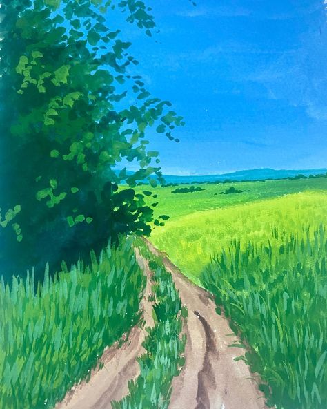 I want to take a walk here 🌿 #springlandscape #countryside #pathway #countrysideroad #lushgreen #paintinglandscape #paintingart #gouachelandscape #gouachedrawing drawing painting spring landscape artist countryside road beautiful nature photography serene aesthetic cozy anime studio ghibli Cozy Anime, Anime Studio Ghibli, Road Drawing, Serene Aesthetic, Beautiful Nature Photography, Spring Drawing, Anime Studio, Painting Spring, Aesthetic Cozy