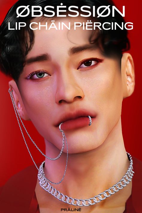 OBSESSION Lip Chain Piercing | Pralinesims on Patreon Sims 4 Cc Lip Peircings, Ts4 Piercing Cc, Ts4 Accessories, Chain Piercing, Sims 4 Men Clothing, Men's Piercings, Sims 4 Piercings, Alpha Cc, Free Sims 4