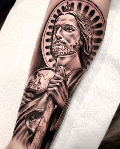 St. Jude Tattoo, San Judas Tattoo, Religous Tattoo, Hand Tattoos For Girls, Realistic Tattoo Sleeve, Omerta Tattoo, Saint Jude, Religious Tattoo, Forearm Sleeve Tattoos