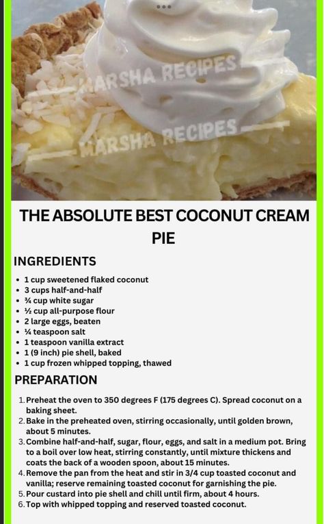 Best Coconut Cream Pie, Coconut Cream Pie Easy, Coconut Pie Recipe, Coconut Custard Pie, Coconut Cream Pie Recipes, Favorite Pie Recipes, Coconut Custard, Coconut Pie, Coconut Desserts