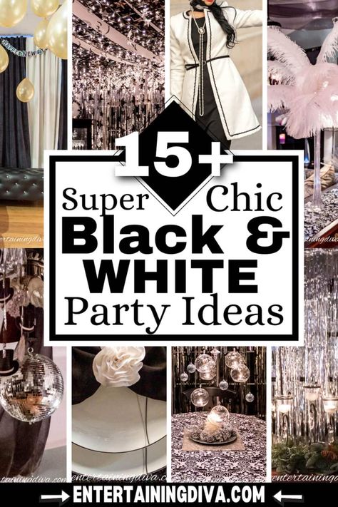 Black Tie Event Food Ideas, Black And White Aesthetic Decoration, Cocktails For Birthday Party, Black Tie Party Decorations Ideas, Black And White 50th Birthday Party Decoration, Black And White Tie Party, Black And White Christmas Party Theme, 40th Birthday Black And White, Black And White Backyard Party