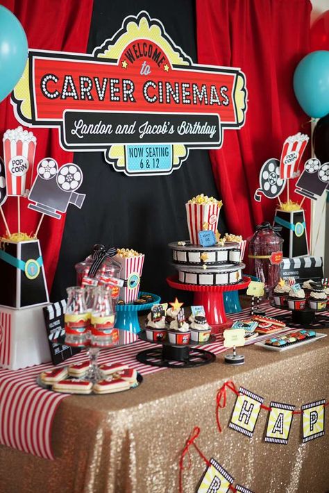 Hollywood Movie Birthday Party Ideas | Photo 1 of 118 Movie Theatre Birthday Party, Movie Theater Party, Birthday Movie Night, Deco Cinema, Movie Theme Birthday Party, 17. Geburtstag, Hollywood Birthday Parties, Cinema Party, Backyard Movie Party