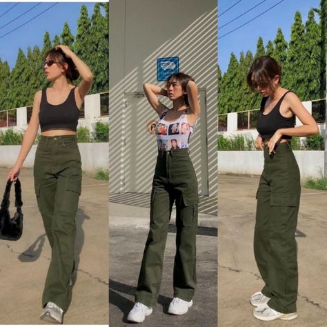 Celana Cargo, Jeans Highwaist, Olive Clothing, Celana Jeans, Korea Style, Loose Jeans, Belanja Online, Cargo Pants Women, Korea Fashion