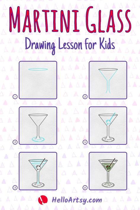 Step by step images demonstrating a How to Draw a Martini Glass - A Drawing Lesson for Kids! How To Draw Cocktails Step By Step, How To Draw A Martini Glass Step By Step, Martini Glass Drawing Simple, How To Draw Cocktails, Cocktail Glasses Drawing, How To Draw A Wine Glass Easy, Martini Canvas Painting, Martini Drawing Simple, How To Draw Drinks