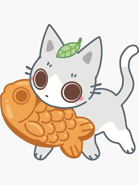 "Cute Cat Eating a Fish" Sticker by RubmyBelly-Shop Cat Eating, Fish Illustration, Fish Drawings, Cute Doodles Drawings, Chibi Drawings, Book Art Drawings, Fish Art, Cat Drawing, Doodle Drawings