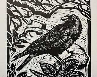 Crow art | Etsy Thistle Linocut, Woodcut Art, Linoleum Block Printing, Linocut Printmaking, Lino Art, Animal Stencil, Norse Tattoo, Crow Art, Linoleum Block