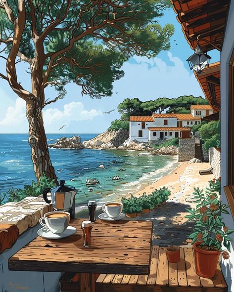 The image is a beautiful view of a coastal village. The blue sea is surrounded by green hills and white houses ->> more details in ai-img-gen.com Two Cups Of Coffee, Environment References, Alice In Wonderland Drawings, Beach Drawing, Coastal Village, Cups Of Coffee, Green Hills, Coastal Town, Village Houses