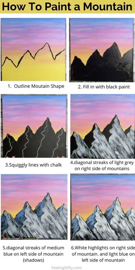 How To Paint a Mountain - Easy & Fun Mountain Scene For Beginners Landscape For Beginners Easy, Shading Mountains Painting, Easy Painting Ideas Mountains, Landscape Paintings Mountain Easy, Mountain Topography Art, Mountains And Trees Painting Easy, Easy Acrylic Painting Ideas Mountains, Mountain Painting For Beginners, Hills Painting Easy