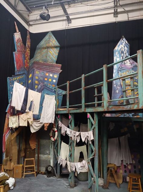 Movie Studio Set Aesthetic, Balcony Theatre Set Design, Set Ideas Stage, Stage Craft Theatre Set Design, Annie Musical Set Design, Rent Musical Set Design, Descendants Set Design, Set Building Theater Stage Design, Mini Set Design