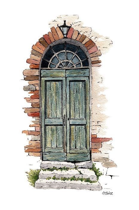 Water Colour Architecture Sketch, Watercolor Old House, Water Colour House Painting, Aesthetic Door Drawing, Urban Watercolor Paintings, Aesthetic Water Colour Painting, Urban Sketching Beginner How To Draw, Urban Painting Watercolor, Watercolor Doors Paintings