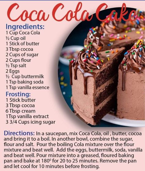 Sjokolade Koek, 2023 Cakes, Diy Chocolates, Baking Recipes Easy, Kos Resepte, Cooked Oatmeal, Coke Cake, Fancy Desserts Recipes, Cola Cake