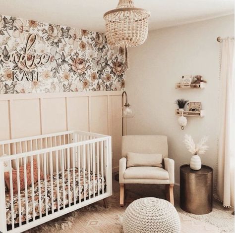 #babyboyroom #nurseryroom #ikeanursery #babyroom Baby Girl Nursery Themes Wallpaper, Off Center Crib Nursery, Magnolia Nursery Theme, Mommy And Me Room Ideas, Maeve Nursery, Twin Girl Nursery Ideas, Rose Nursery Theme, Sage And Blush Nursery, Farmhouse Girl Nursery