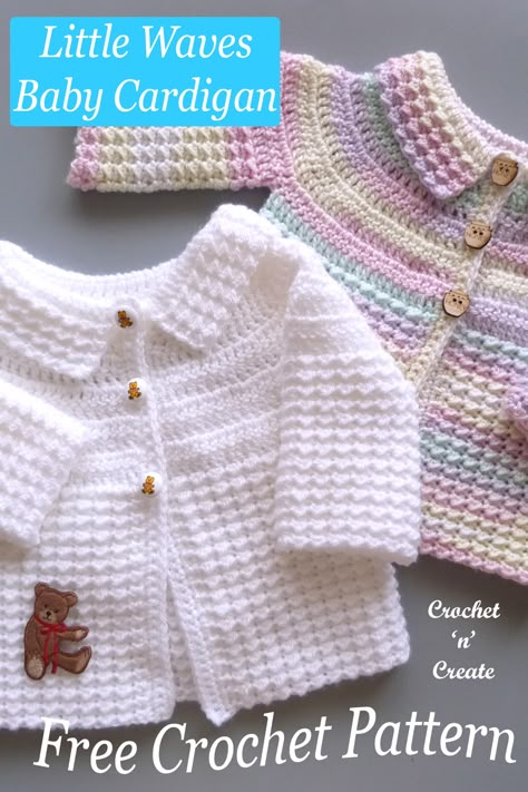 Little waves crochet baby cardigan, free crochet pattern. #crochetbabycardigan #crochetbabysweater #crochetforbaby Crochet Baby Cardigan Free Pattern, Crochet Slouchy Beanie Pattern, Waves Crochet, Crochet Baby Sweater Sets, Crochet Sweater Top, Baby Cardigan Pattern Crochet, Diy Crochet Sweater, Simple Frock, Easy Baby Knitting Patterns