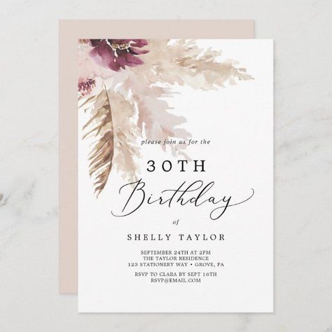 Summer Birthday Invitations, Pink Pampas, 30th Birthday Themes, Dried Palm Leaves, Pink Pampas Grass, 30th Birthday Party Invitations, Boho Invitations, 30th Birthday Party, Thirty Birthday