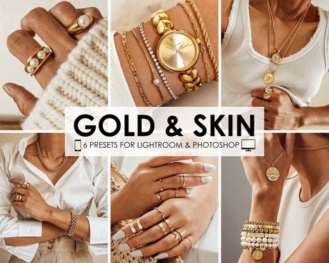 Jewelry Photo Editing, Product Photography Filters, Jewelry Photography Tips, Jewelry Mood Board, Skin Photo, Gold Skin, Photoshop Filters, Jewellery Photography Inspiration, Jewelry Photoshoot