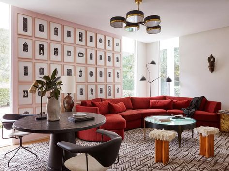 Red Couch Living Room, Trendy Sofas, Midcentury House, Gallery Wall Layout, Red Couch, Project Portfolio, Red Sofa, Floor Seating, Curved Sofa