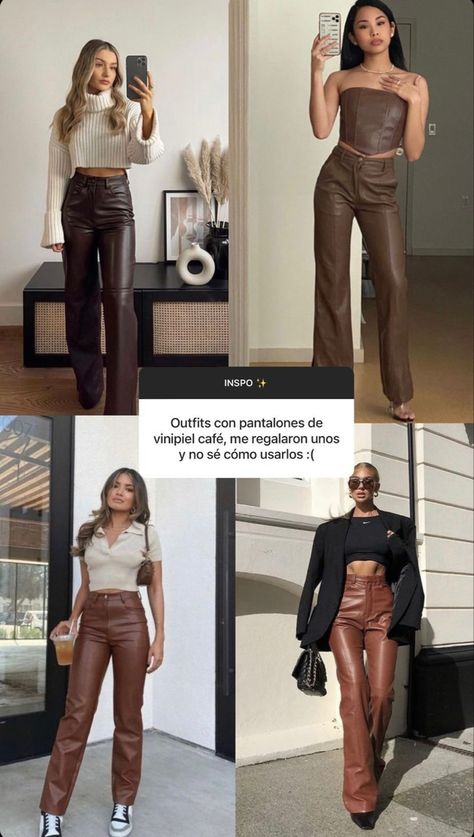 Trendy Leather Pants Outfit, Winter Outfit With Leather Pants, Outfit With Brown Leather Pants, Leather Pants Brown Outfit, Brown Flare Pants Outfit Winter, Wine Leather Pants Outfit, Light Brown Leather Pants Outfit, Leather Brown Pants Outfit, Brown Leather Pants Outfit Fall