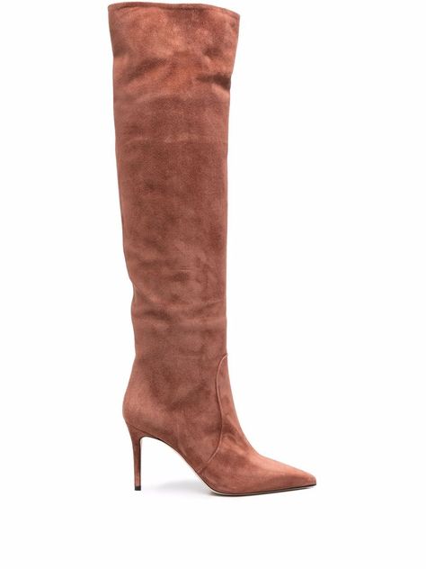 Powder pink suede/leather x Brian Atwood Carra suede boots from Scarosso featuring pointed toe, slip-on style, knee-high, high stiletto heel, leather outsole and 85mm heel. Glass Slippers, Knee Length Boots, Denim Skirt Women, Brian Atwood, Skirt Women, Pink Suede, Boots Fall, Flat Boots, Powder Pink