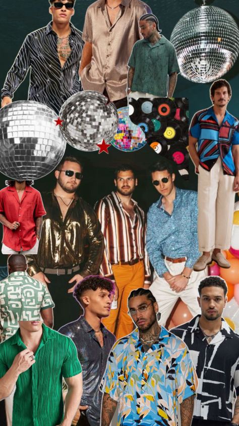 Disco Chic Outfit Men, Retro Disco Outfit For Men, Men’s Disco Party Outfit, Disco Themed Party Outfit Men, 70s Disco Outfit Men, Glitz And Glam Men Outfit, Disco Party Outfit Ideas Men, Modern Disco Outfit Men, 70s Disco Party Outfit Men