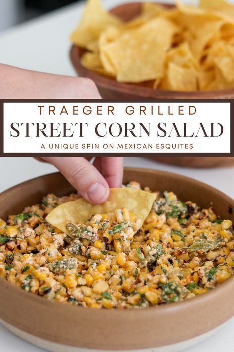 Learn how to make awesome esquites or Mexican street corn salad on your Traeger grill with this recipe. It’s perfect for summer and pairing with grilled chicken, fajitas, or serving with chips. Smoked Mexican Street Corn, Tovala Oven, Mexican Esquites, Fajita Side Dishes, Sizzler Recipes, Mexican Street Corn Salad Recipe, Mexican Grilled Chicken, Grilled Chicken Fajitas, Grilled Corn Salsa