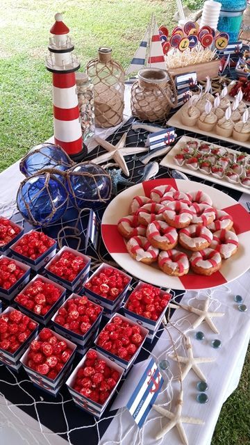 sailor dessert table in navy, white and coral Nautical Baby Shower Boy, Sailor Baby Showers, Sailor Birthday, Sailor Party, Sailor Theme, Sailor Baby, Fest Mad, Nautical Birthday Party, Nautical Table