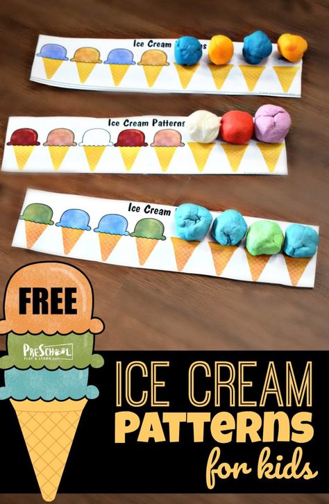 Pattern Teaching Ideas, Extended Care Activities, Ice Cream Eyfs Activities, Aba Patterns Free Printable, Cross The Midline Activities, Teaching Patterns Preschool, Patterns For Preschool, Pumpkin Playdough, Ice Cream Playdough