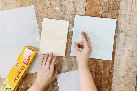 How to Decoupage with Saran Wrap - Print Cut Craft How To Decoupage With Paper, Mod Podge Tissue Paper On Wood, Decoupage Paper Printable, Wooden Trees, Mod Podge Crafts, Saran Wrap, Napkin Decoupage, Image Transfers, Cling Wrap