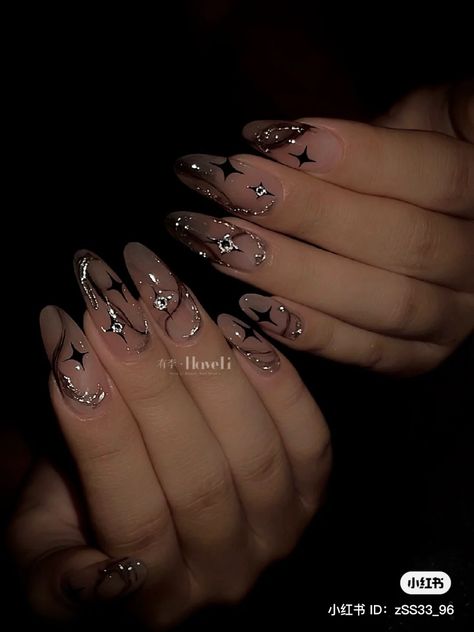 Nail Ideas Stargirl, Black And Chrome Star Nails, Dark Square Nail Designs, Cute 21st Birthday Nails, Black Long Nails With Gems, Dark Nail Aesthetic, Birthday Nails Black And Silver, Moody Nails Grunge, Black Nails Coquette