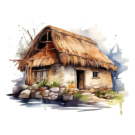 Chinese House Painting, Wooden House Painting, Chinese Houses, Watercolor Cottage, Nice Background, Hut House, Chinese House, Drawing Scenery, Watercolor Scenery