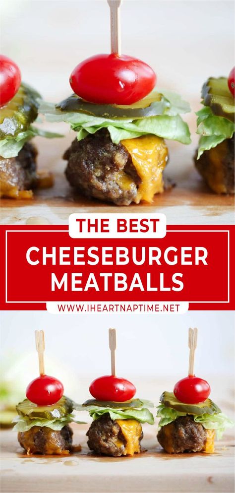 Meatball Hamburger Skewer, Cheap Meat Appetizers, Meatball Burger Bites, Meatball Finger Food Ideas, Bunless Burger Bites, Hamburger On A Stick, Finger Food Meat Party Appetizers, Cheeseburger Appetizer Mini Burgers, Cheeseburger Appetizer Bites