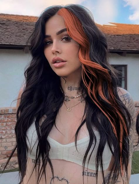 Hand Painting Hair Color, Hair Colour Blocking Ideas, Colour Block Hair Ideas, Fall Brunette Hair Color Money Piece, Brunette Hair With Rose Gold Peekaboo, Hair Dye Ideas Red And Brown, Black Hair With Brown Front Pieces, Dark Split Dyed Hair, Colored Money Pieces On Dark Hair