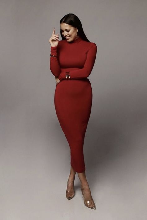 Turtleneck Bodycon Dress, Women Poses, Nyc Winter, Boujee Outfits, Red Turtleneck, Red Midi, Turtleneck Dress, Office Chic, Red Midi Dress