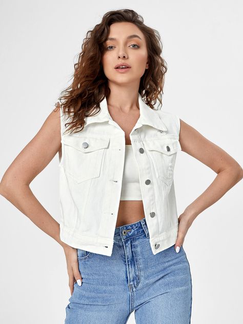 White Casual  Sleeveless Denim Plain Other Embellished Non-Stretch  Women Denim White Sleeveless Denim Jacket Outfit, White Denim Vest Outfit, Sleeveless Denim Jacket Outfit, Sleeveless Jean Jacket Outfit, White Jacket Outfit, White Jeans Summer, Denim Vest Outfit, White Denim Vest, Waistcoat Outfit