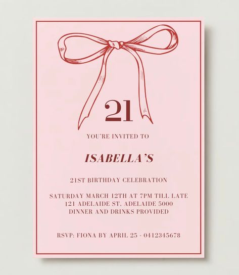 Introducing our pre made Pink Red Ribbon Bow Digital Birthday Invitation Template. The perfect invitation design for your next on trend, birthday celebration. Using our template you can tick off one stress from your list of event organising to-dos by just downloading and filling in your event details. At a click of a few buttons you'll have a stylish invite ready to be sent out to all your guests.  Features: -Editable Details: Easily customise event details, date, time, and venue. -Printable Option: High-resolution files for professional printing, if desired. -Eco-friendly: Reduce paper waste with our eco-conscious digital option. Size: 5x7 inches Easy Steps to Personalise Your Template: 1. Purchase the selected design through Etsy  2. Download the PDF file 3. Open the link provided on the Pink Birthday Invites, Bow Invitation Template, Bow Birthday Invitation, Pink Birthday Invitations Template, Invitation Card Design Birthday Template, Invitation Birthday 18th, 21st Invitations Design, 21st Birthday Invitations Templates, 18th Birthday Invitation Templates